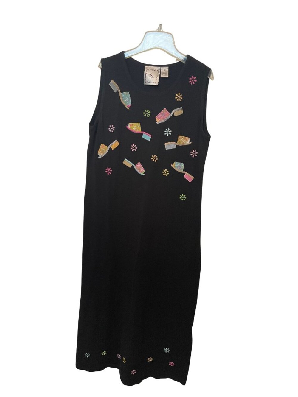 Michael Simon Black Cotton maxi dress sleeveless sandal embroidered